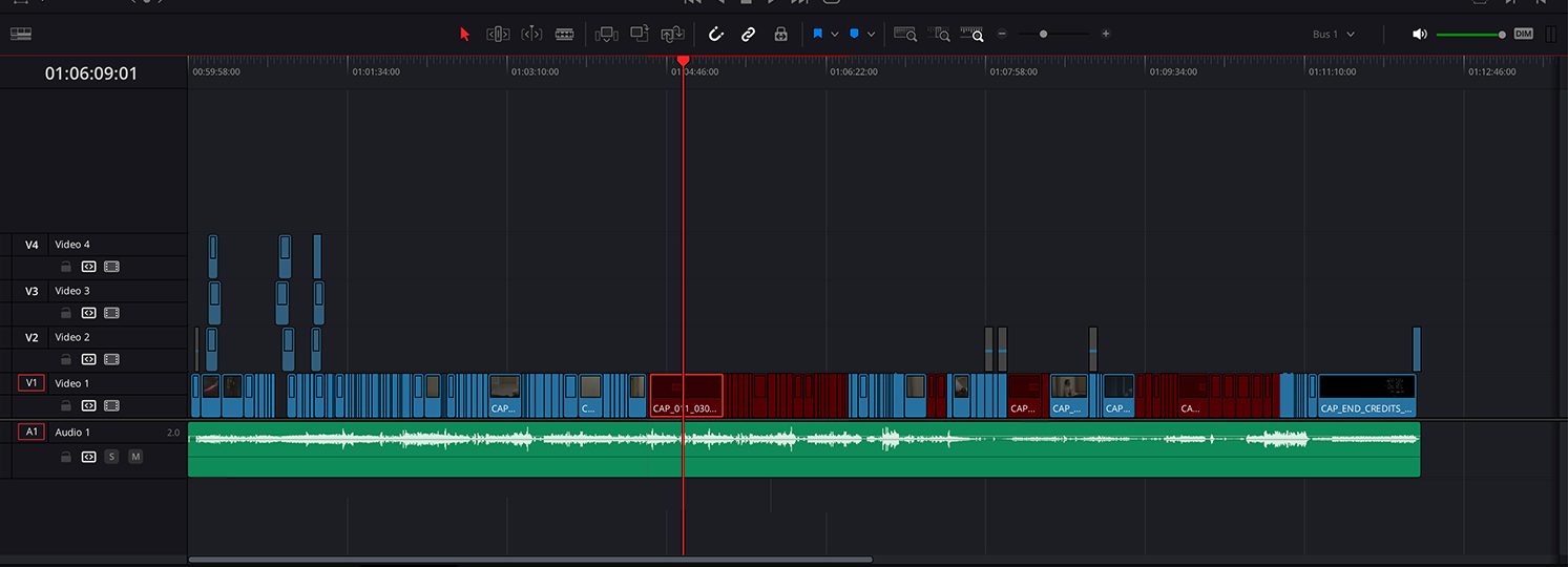 A conform timeline in DaVinci Resolve, with the video tracks and audio laid out