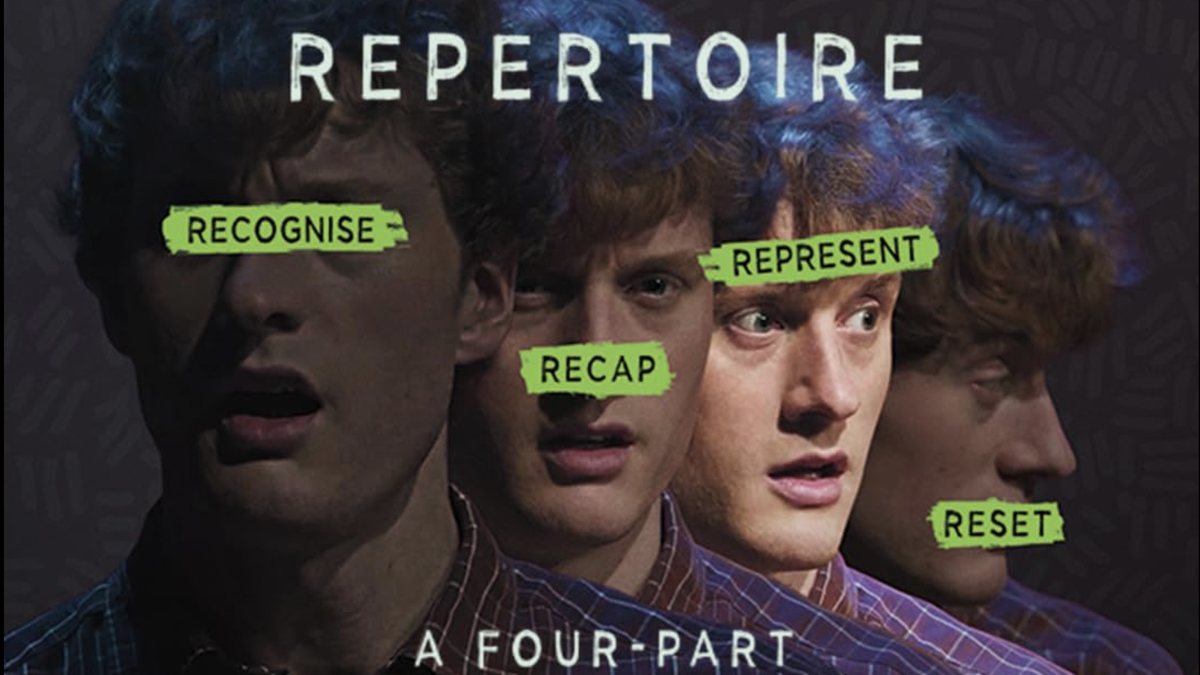 Four overlapping portraits of James Acaster labelled Recognise, Recap, Represent and Reset