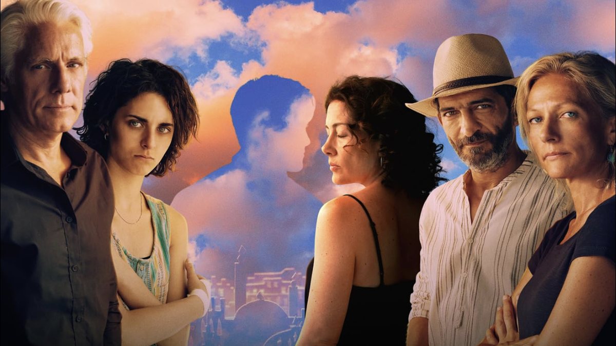 The five lead actors of Under Spanish Skies against a sunset sky
